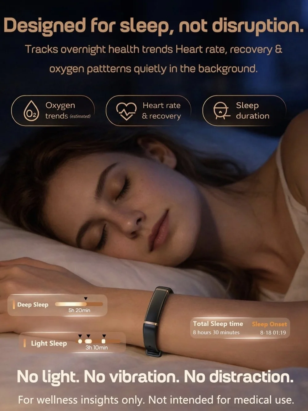 FITVII Black Fitness Tracker Band with Gold Accents Screenless Activity Tracker